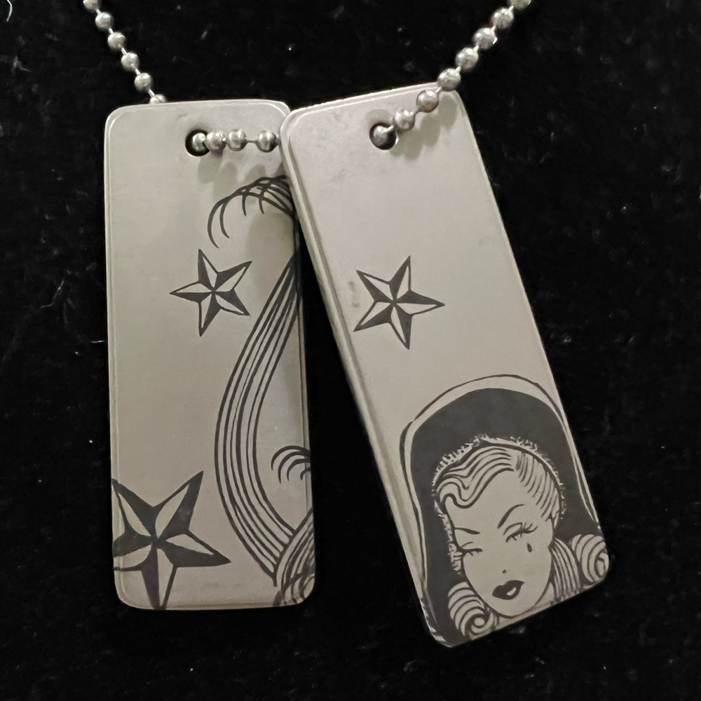 Tattooed steel dog tags 24” ball chain pinup cowgirl necklace steampunk